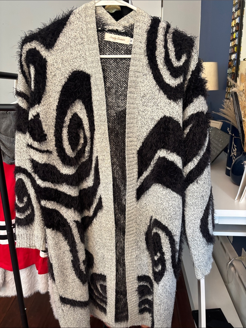 Simply Southern Black and Gray Open-Front Abstract Fuzzy Cardigan